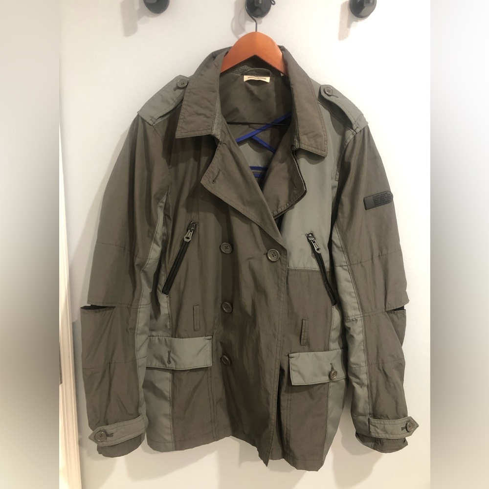 DKNY Jeans Double Breasted Trench Coat Two-tone Gray Multiple Zippers Women L